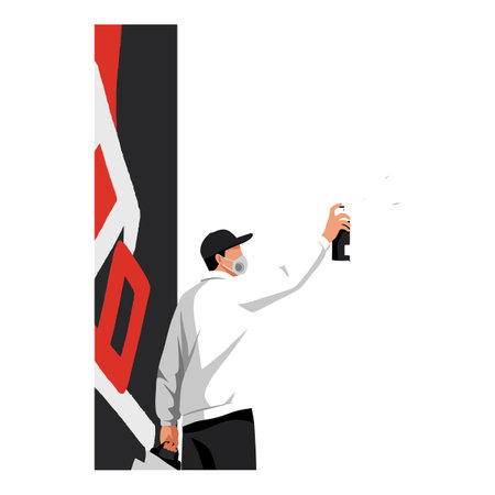 A street artist, wearing a white hoodie and black cap, sprays vibrant paint onto a wall, showing creativity and urban culture.のイラスト素材