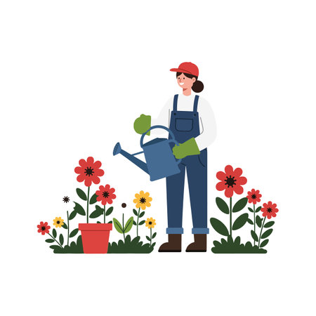 A smiling gardener in overalls waters a pot while surrounded by colorful blooming flowers, creating a cheerful and lively atmosphere.のイラスト素材