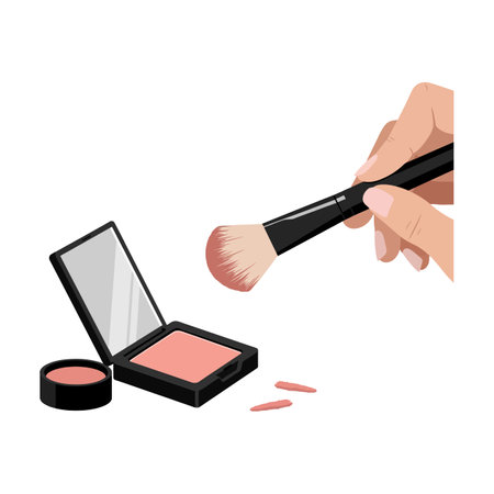 A hand delicately holds a brush, applying blush from a compact while pink powder rests nearby, creating a serene beauty moment.のイラスト素材