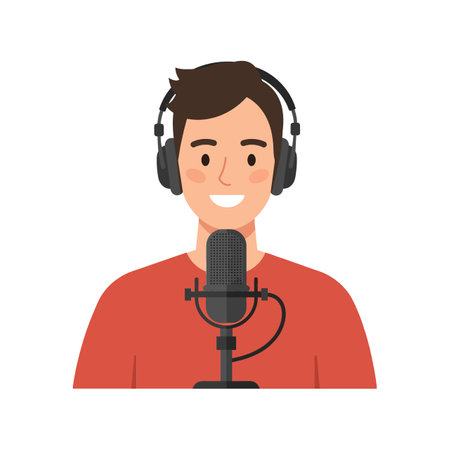 A cheerful young man in a red shirt wears headphones, speaking into a microphone, radiating a friendly and engaging atmosphere.のイラスト素材