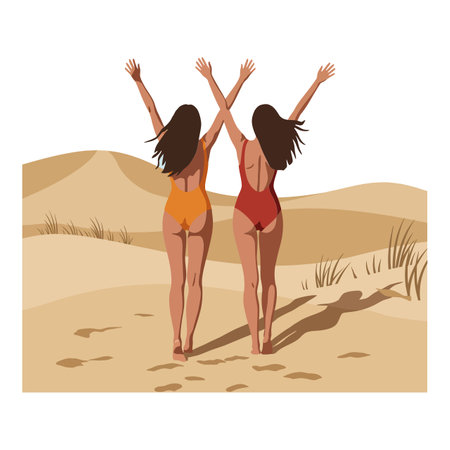 Two women in colorful swimsuits joyfully raise their arms, embracing the sunny beach atmosphere, surrounded by soft sand dunes.のイラスト素材