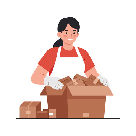 A woman with dark hair joyfully unpacks several boxes, wearing gloves and an apron, in a bright, organized setting.のイラスト素材
