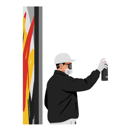A man wearing a mask and cap skillfully applies spray paint to a vertical surface, creating a colorful mural.のイラスト素材