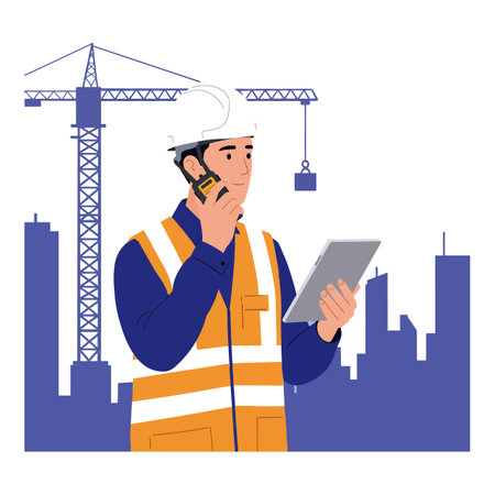 A construction worker wearing a hard hat and reflective vest speaks into a radio while checking plans on a tablet.のイラスト素材