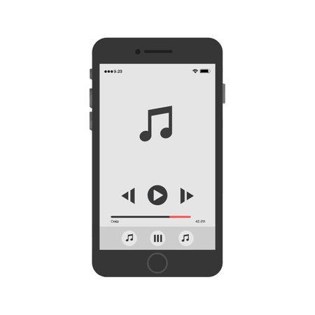 A smartphone shows a simple music player interface with play, pause, and skip buttons, creating a modern and user-friendly atmosphere.のイラスト素材