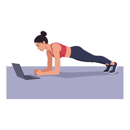 A woman in a red sports top and blue leggings holds a plank position, concentrating on her laptop, exuding determination and focus.のイラスト素材
