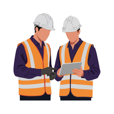 Two men in orange and gray safety vests collaborate on a tablet, showcasing teamwork and focus in a construction setting.のイラスト素材