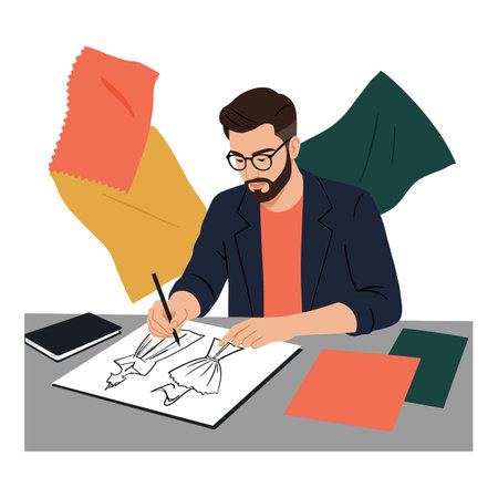 A fashion designer focused on sketching clothing concepts while surrounded by vibrant fabric swatches, exuding creativity and inspiration.のイラスト素材