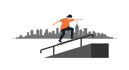 A skateboarder in an orange shirt balances skillfully on a rail with a city skyline in the background, showcasing motion and energy.のイラスト素材