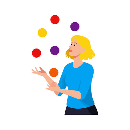 A cheerful woman with short blonde hair skillfully juggles vibrant red, yellow, purple, and orange balls, radiating a sense of fun and creativity.のイラスト素材