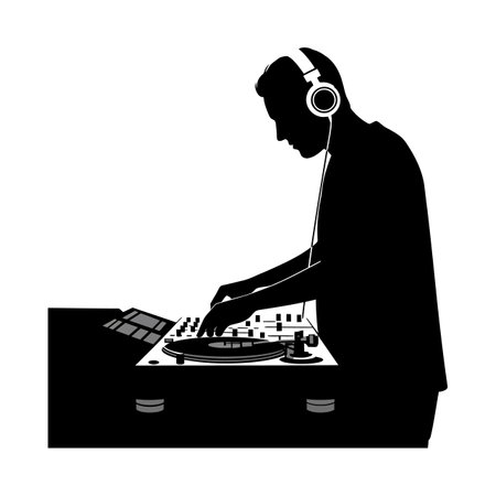 A DJ in headphones skillfully mixes music at a turntable, exuding energy and passion in a minimalist design.のイラスト素材