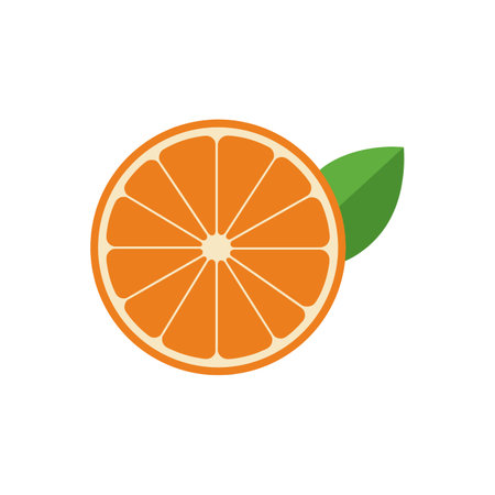 A bright orange slice showcases its juicy segments with a green leaf, conveying freshness and vitality in a minimal style.のイラスト素材
