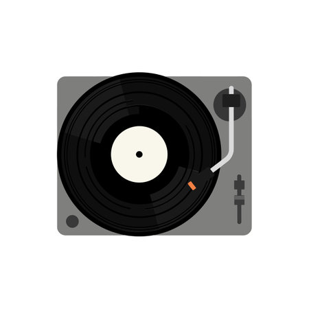 A black vinyl record spins on a sleek turntable with a gray base, evoking a nostalgic and vibrant atmosphere.のイラスト素材