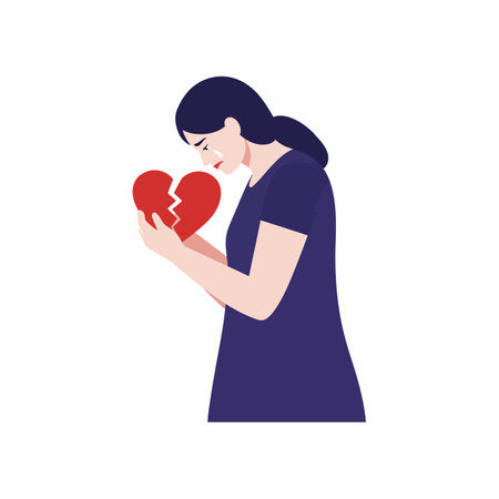 A woman in a blue dress gently cradles a broken heart, showing deep emotion and vulnerability in a minimalist style.のイラスト素材
