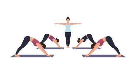 A yoga instructor stands confidently while four students practice downward dog pose, creating a serene and focused atmosphere.のイラスト素材