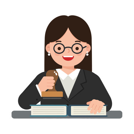 A smiling woman with glasses applies a stamp to an open book, showing professionalism and focus in a clean, minimal setting.のイラスト素材