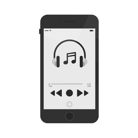 A sleek smartphone showcases a minimalist music player interface, featuring headphones and playback controls, conveying a modern and tech-savvy atmosphere.のイラスト素材