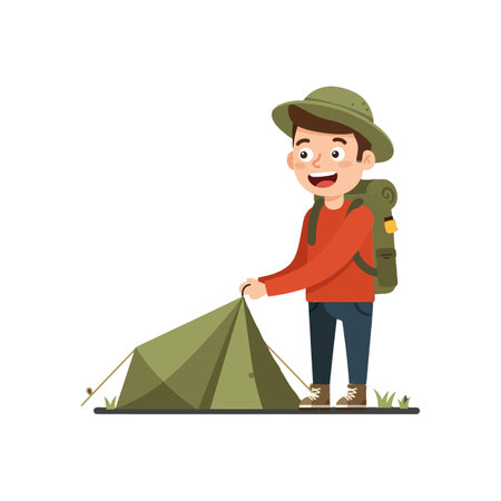 A cheerful young boy in a red shirt and green hat eagerly assembles a green tent in a grassy area.のイラスト素材
