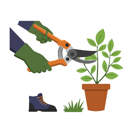 A pair of green-gloved hands uses pruning shears to trim a healthy green plant in a pot, showcasing gardening activity.のイラスト素材