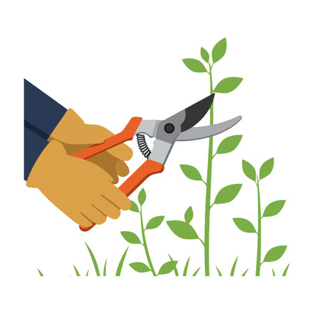 A hand with gloves uses pruning shears to carefully trim vibrant green plant leaves, showcasing gardening skill and care.のイラスト素材