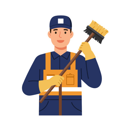 A cheerful cleaning worker in uniform confidently holds a broom, showing dedication and professionalism in a minimalistic design.のイラスト素材