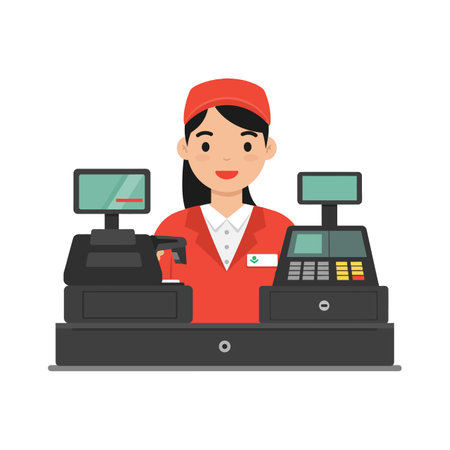 A friendly cashier wearing a red uniform stands behind the register, ready to assist customers with colorful digital screens around her.のイラスト素材