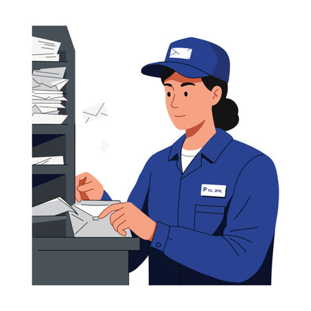 A postal worker in a blue uniform efficiently organizes letters at a mail station, conveying a sense of diligence and focus.のイラスト素材
