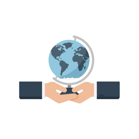 Two hands gently cradle a globe, symbolizing global unity and interconnectedness in a minimalistic and modern style.のイラスト素材
