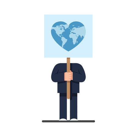 A figure in a dark suit stands firmly, holding a blue world map in a heart shape, symbolizing global love and unity.のイラスト素材