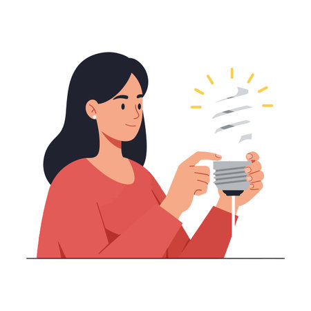 A young woman smiles as she engages with a light bulb, symbolizing innovation and creativity in a bright, inspiring atmosphere.のイラスト素材