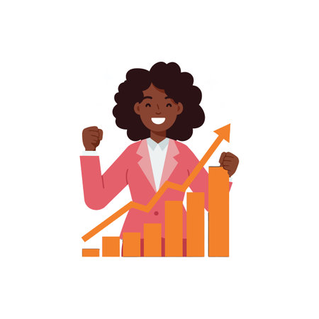 A smiling woman in a pink suit raises her fists in triumph, standing next to an ascending bar graph, radiating positivity and achievement.のイラスト素材