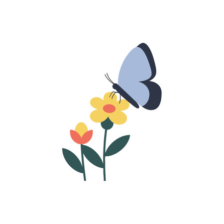 A blue butterfly delicately approaches a bright yellow flower, surrounded by green leaves, creating a serene and joyful atmosphere.のイラスト素材