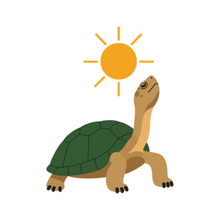 A green turtle stretches its neck towards a shining sun, creating a warm and inviting atmosphere.