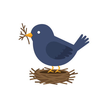 A blue bird stands on a brown nest, holding a twig in its beak, symbolizing nurturing and home.のイラスト素材