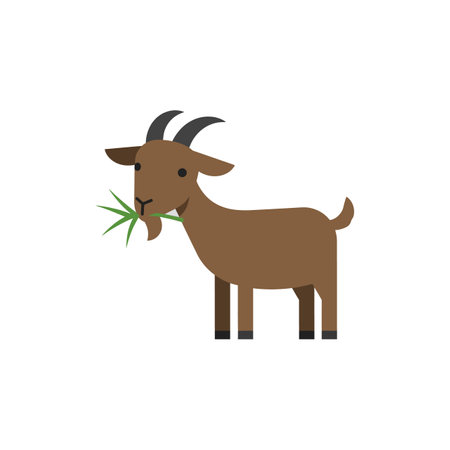 A cheerful brown goat, munching on green grass, stands upright with a playful expression, evoking a lighthearted and fun atmosphere.のイラスト素材