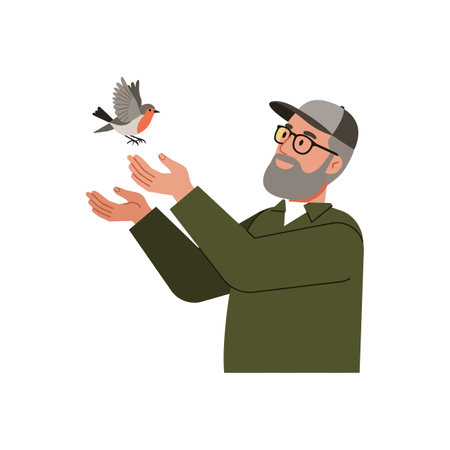 A smiling man in a green shirt gently releases a small bird, conveying a sense of freedom and connection with nature.のイラスト素材