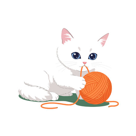 A playful white kitten uses its paws to engage with a bright orange yarn ball, creating a cheerful and lively atmosphere.のイラスト素材