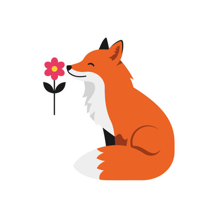 A cheerful orange fox sits contentedly next to a pink flower, exuding a tranquil and joyful atmosphere in this flat vector illustration.のイラスト素材