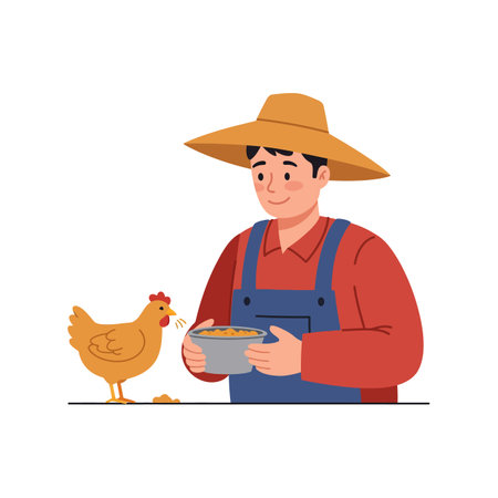 A smiling farmer in a straw hat holds a bowl of grain, joyfully feeding a curious chicken beside him.のイラスト素材