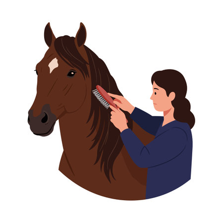 A woman carefully brushes the long mane of a brown horse, showing a nurturing bond in a serene atmosphere.のイラスト素材