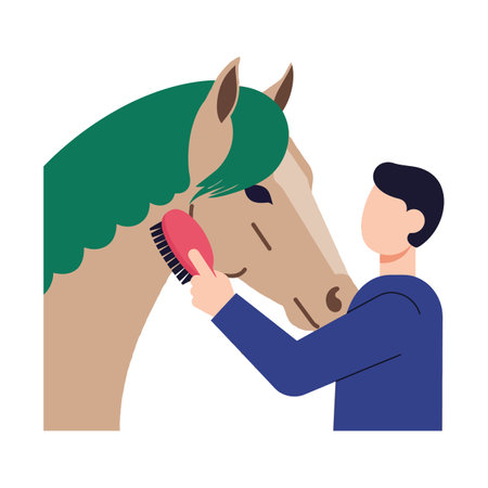 A man gently brushes a horses mane, showing a caring bond in a vibrant and minimalistic vector art scene.のイラスト素材