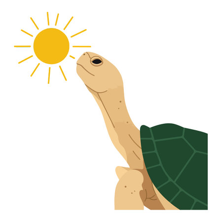 A turtle stretches its neck towards a bright sun, embodying joy and warmth in a simple, vibrant design.のイラスト素材