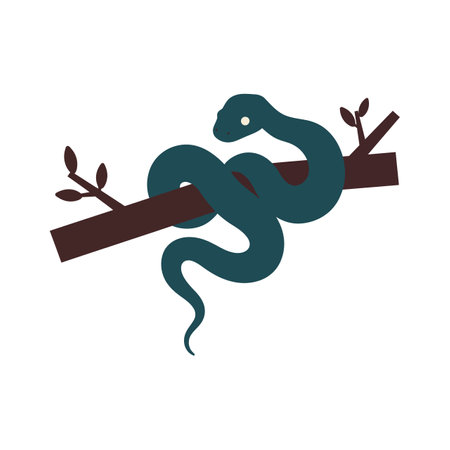 A teal snake rests on a brown branch, surrounded by small green leaves, creating a calm and natural...