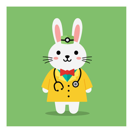 A cheerful rabbit dressed as a doctor stands confidently, showing a friendly speaker in a vibrant green background.のイラスト素材