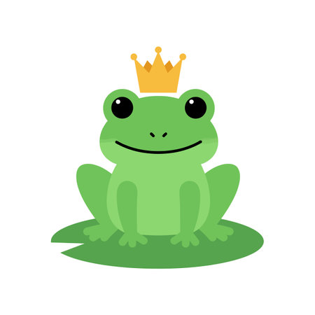 A delightful green frog sits on a lily pad, smiling happily while wearing a small golden crown,...