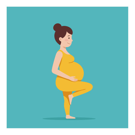 A joyful pregnant woman balances on one leg while practicing yoga, radiating calmness in a soothing turquoise background.のイラスト素材