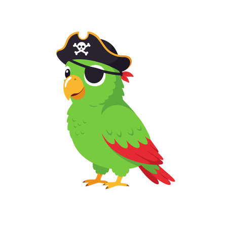 A vibrant green parrot dressed as a pirate, complete with an eye patch and hat, stands proudly, exuding a playful and adventurous spirit.のイラスト素材