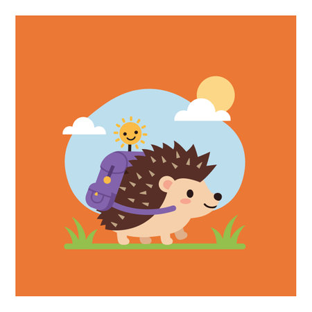 A cheerful hedgehog carries a purple backpack, smiling as it strolls under a bright sun and fluffy clouds in a vibrant setting.のイラスト素材