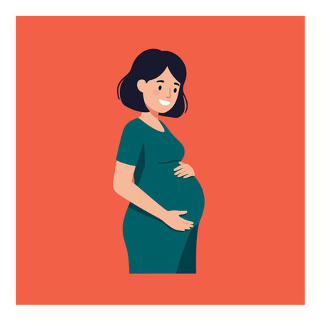 A cheerful pregnant woman cradles her baby bump while smiling warmly, showing a sense of happiness and anticipation.のイラスト素材