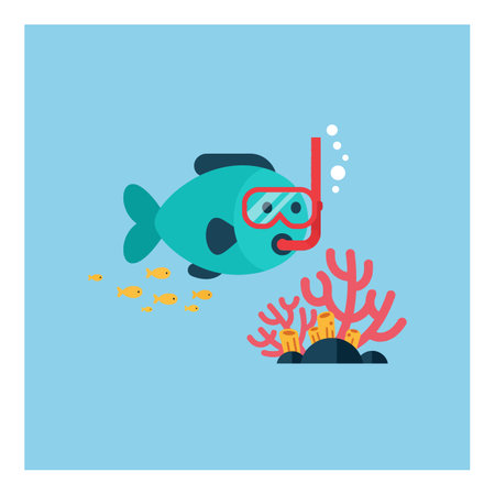 A playful fish, equipped with snorkel gear, swims among lively coral and small fish, creating an adventurous underwater scene.のイラスト素材